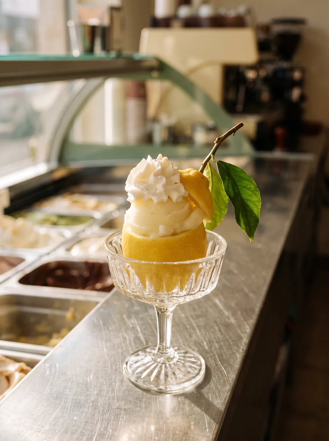 Zitronensorbet in einer ausgehöhlten Zitrone mit Blättern, mit Sahne, in einem geschliffenen Glas auf der Theke
