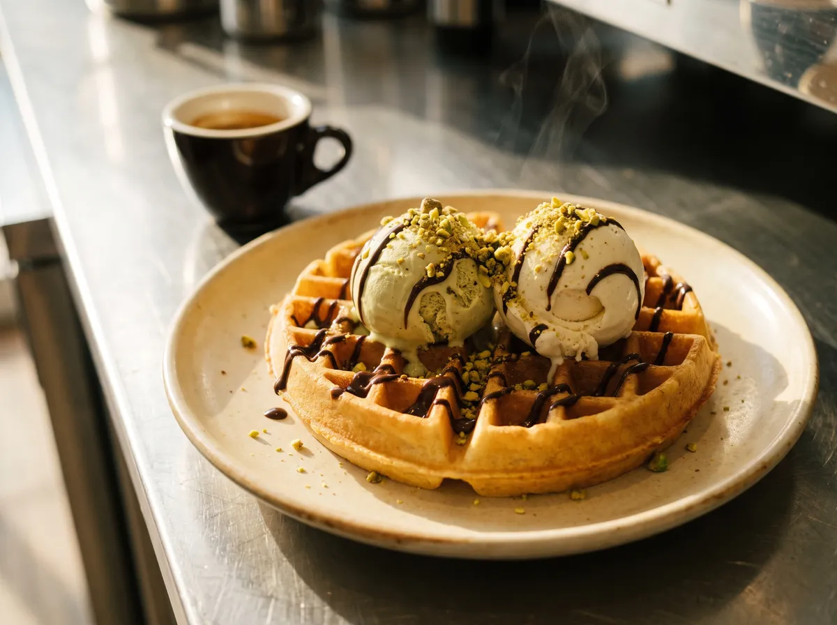 Frische Waffel mit einer Kugel Pistazien- und einer Kugel Sahneeis, Schokoladensauce und gemahlenen Pistazien